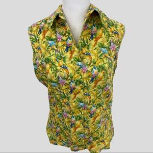 Vintage Yellow Multicolor Bird Sleeveless Top with Flower Buttons